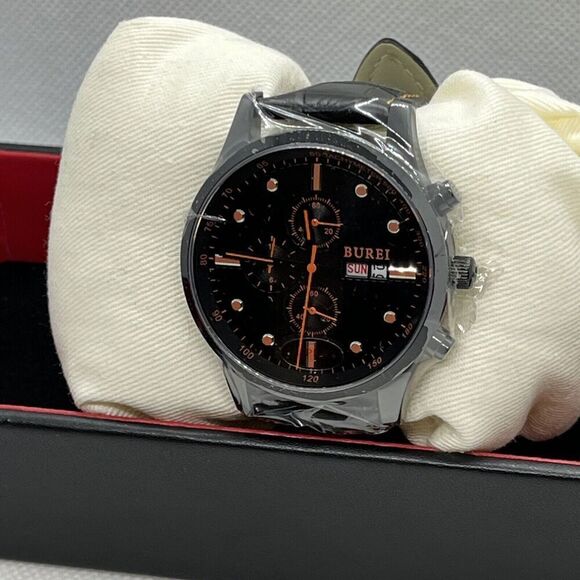 Burei B-7001M Men's Black Leather Analog Dial Quartz Genuine Wrist Watch JMB77 - Picture 3 of 12